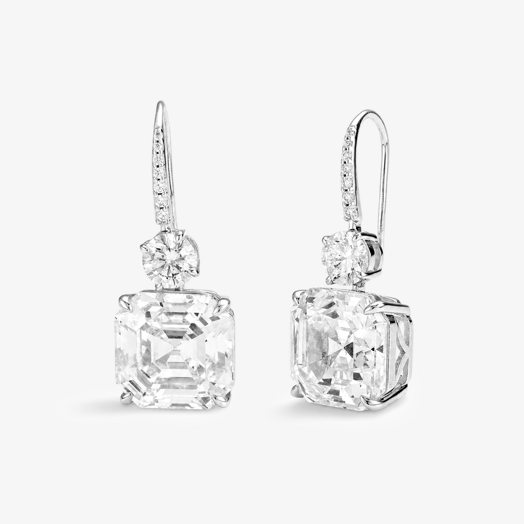 Asscher Cut Moissanite Drop Earrings in White Gold