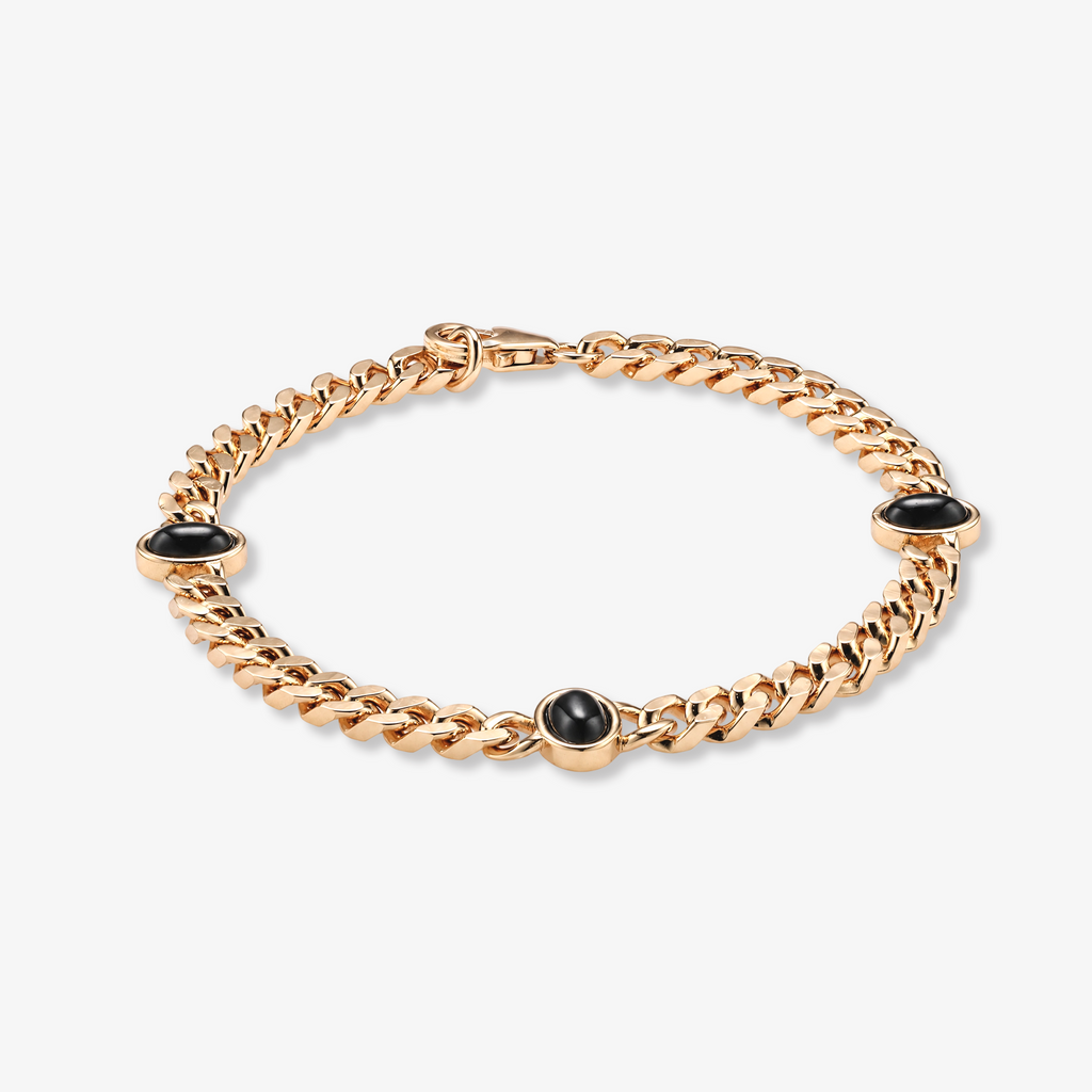 Black Onyx Cabochon Cuban Chain Bracelet in Rose Gold