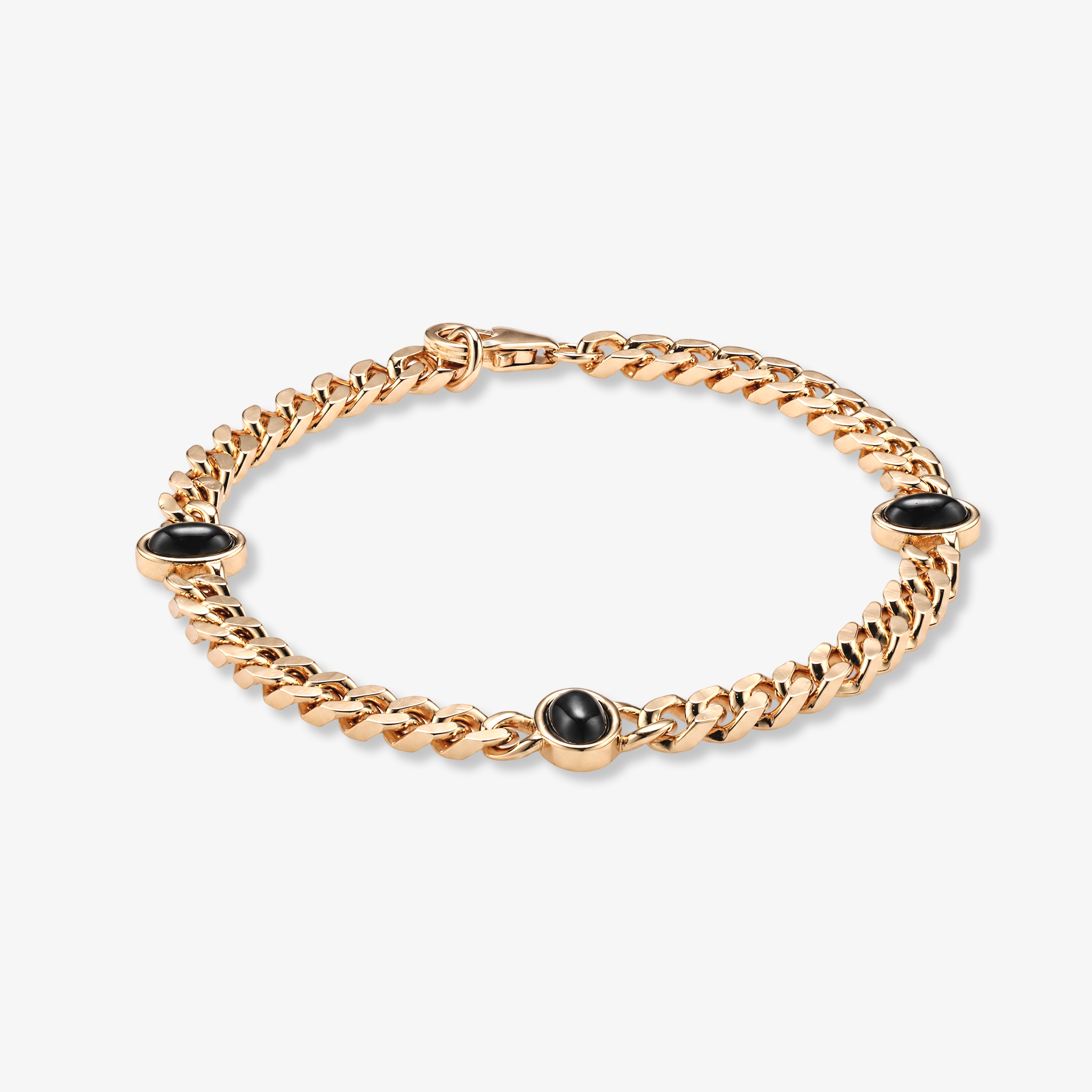Black Onyx Cabochon Cuban Chain Bracelet in Rose Gold
