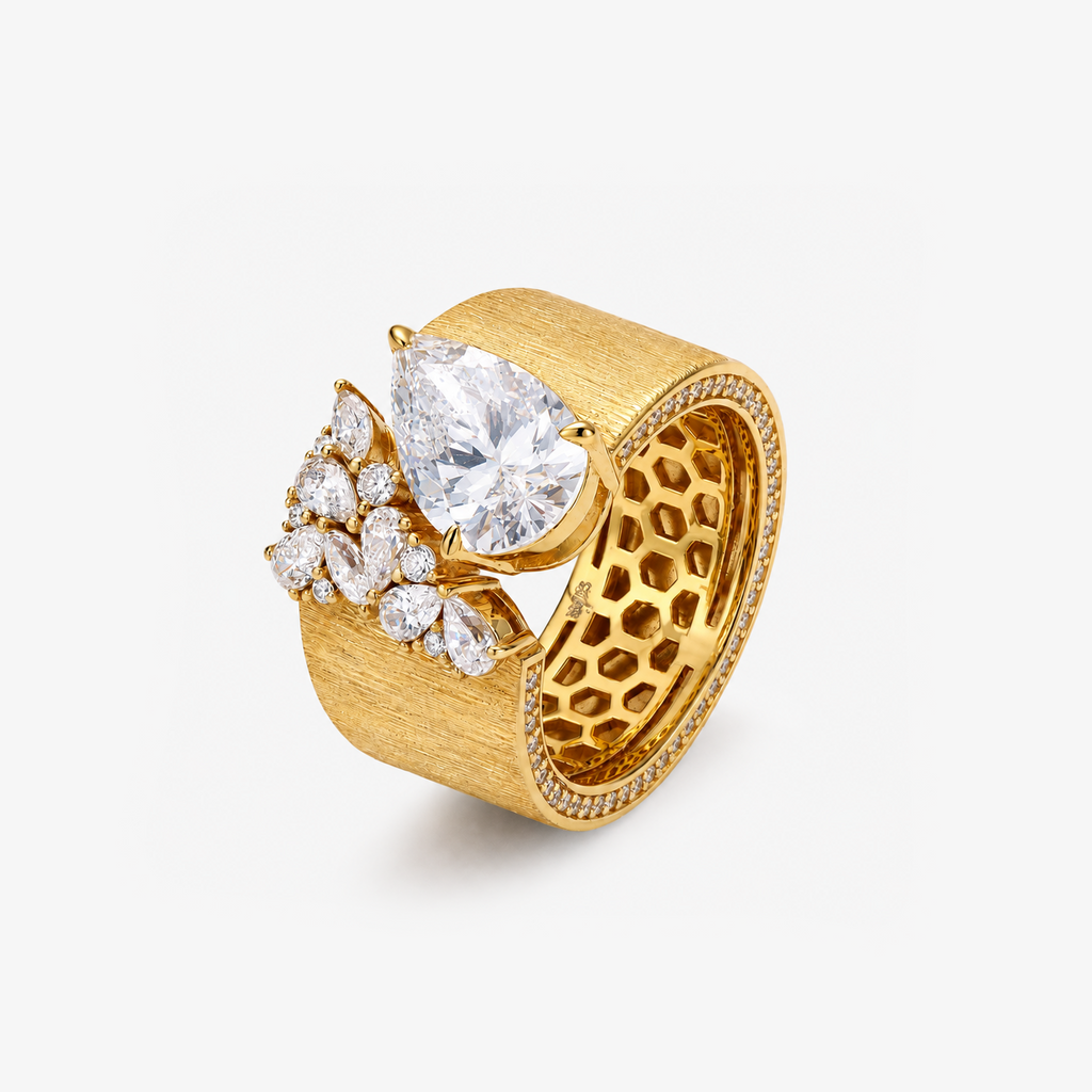 Brushed Gold Wide Band Cluster Ring