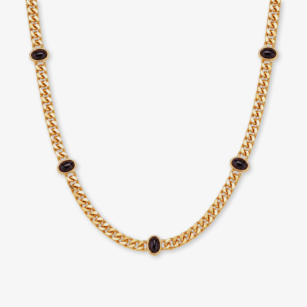 Black Onyx Cabochon Station Cuban Chain Necklace in Gold