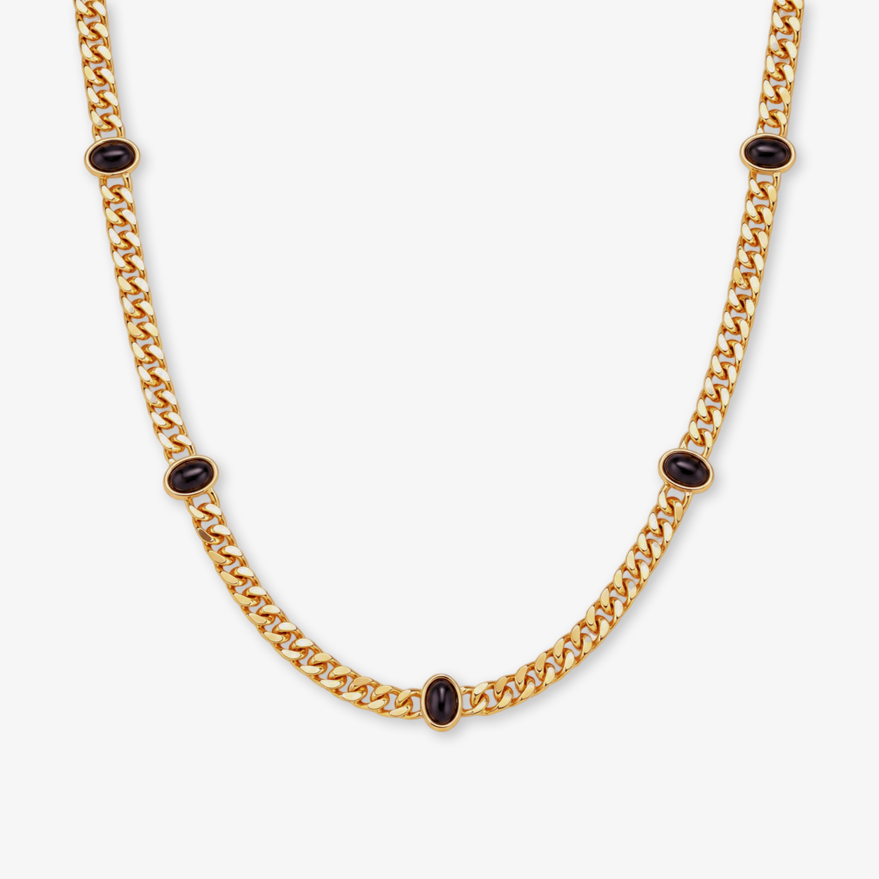Black Onyx Cabochon Station Cuban Chain Necklace in Gold