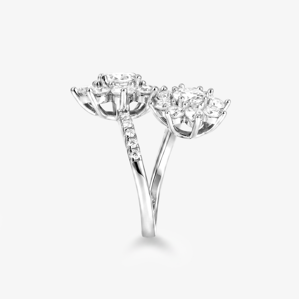 Round Moissanite Double Flower Bypass Ring