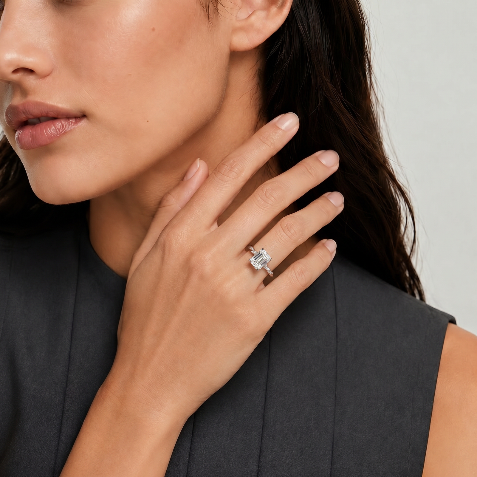 Emerald Moissanite Twist Pavé Solitaire Ring
