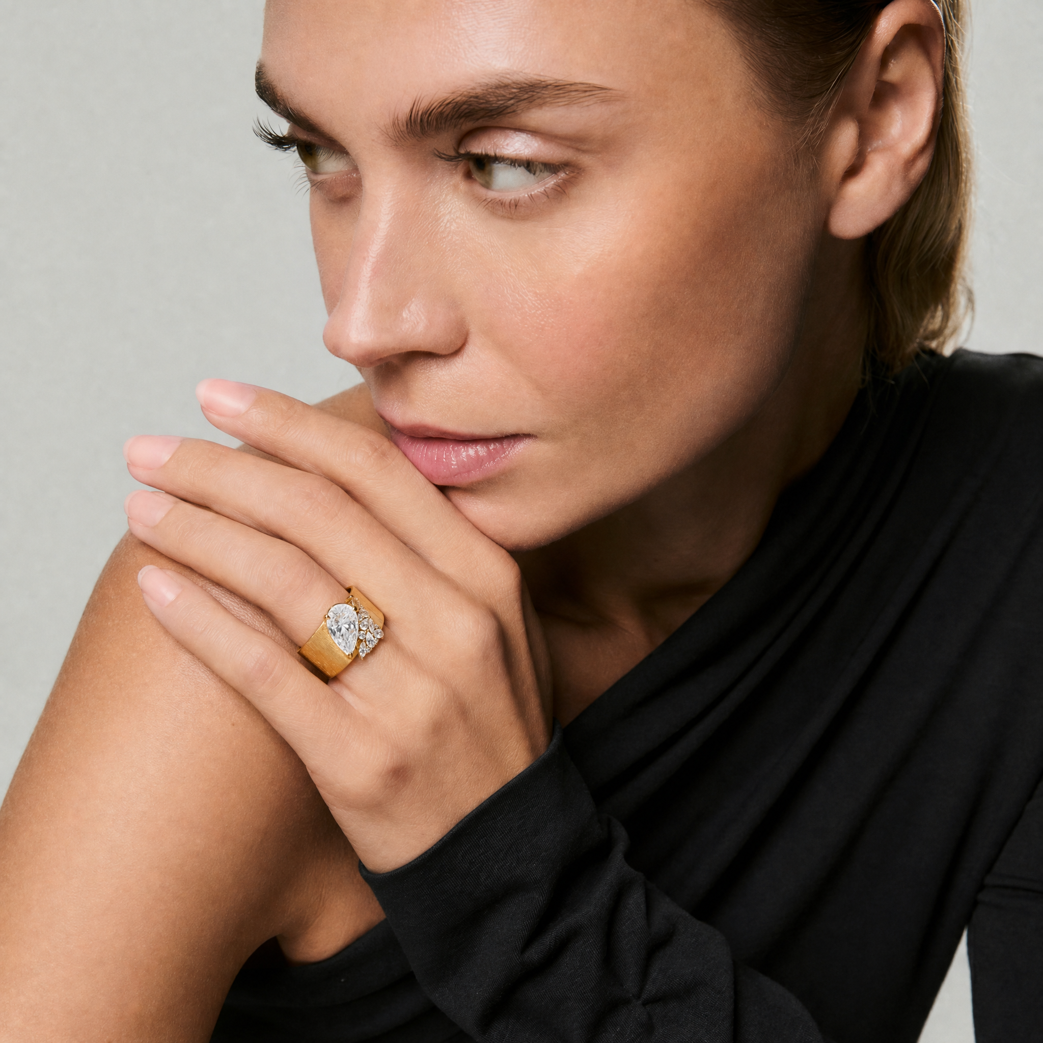 Brushed Gold Wide Band Cluster Ring