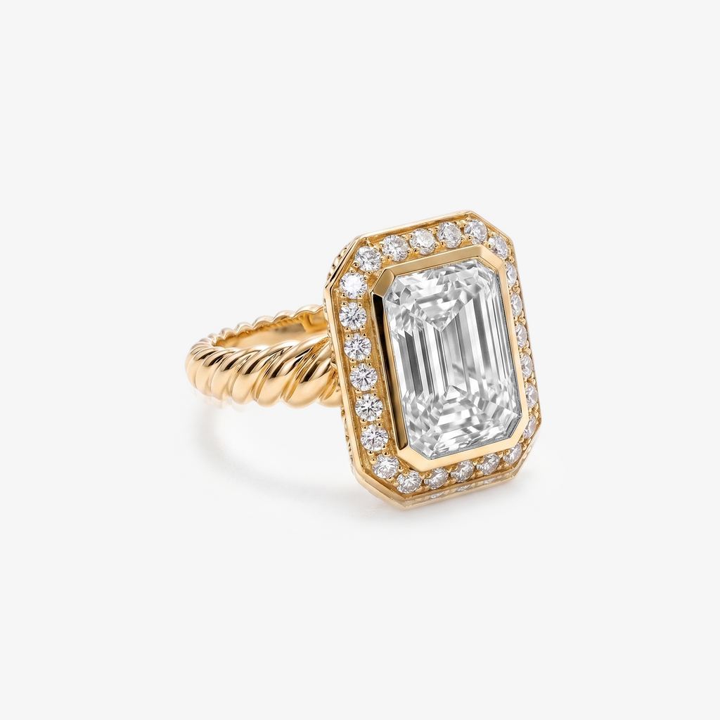 5ct Emerald Lab Diamond Halo Rope Ring