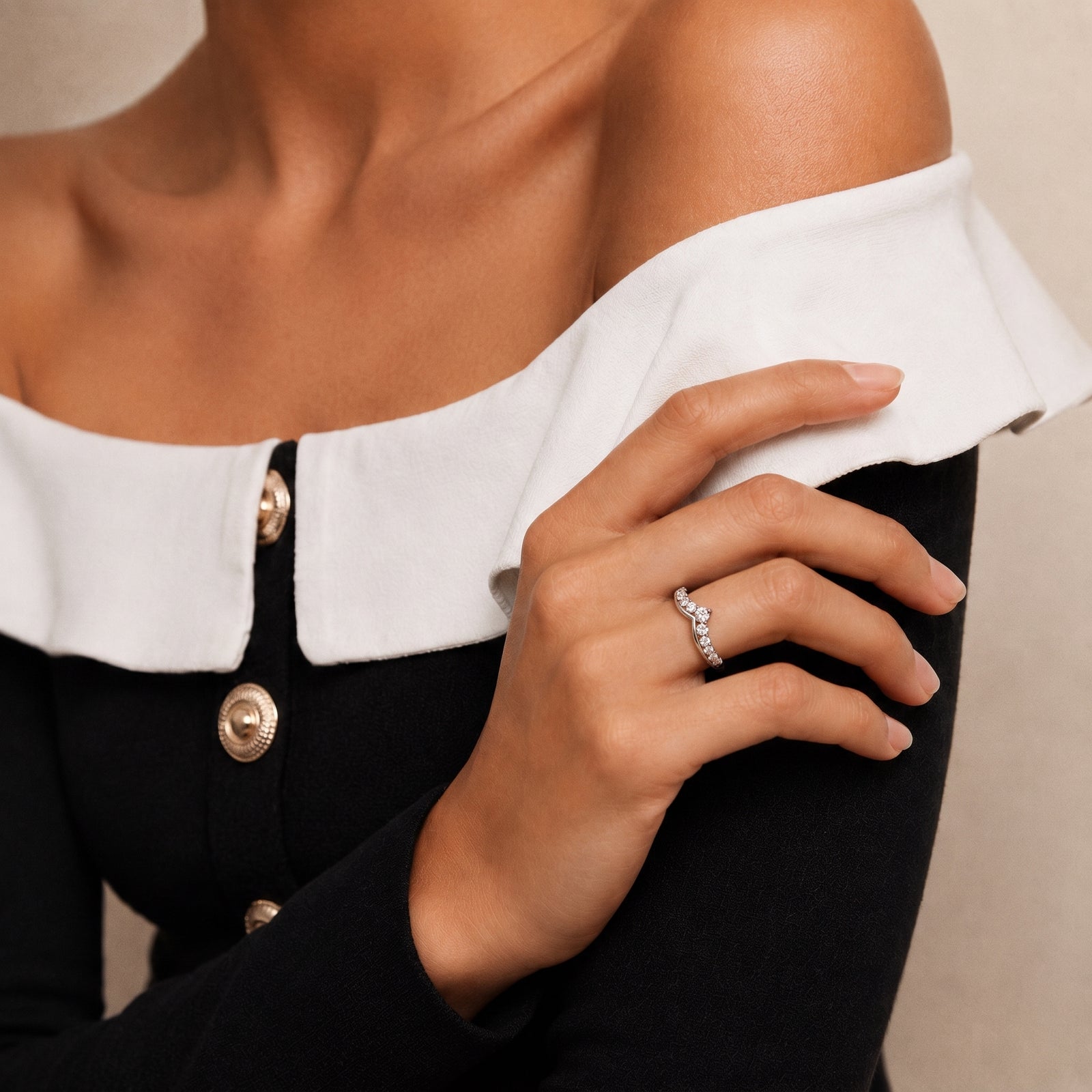 Round Moissanite Chevron Crown Band Ring