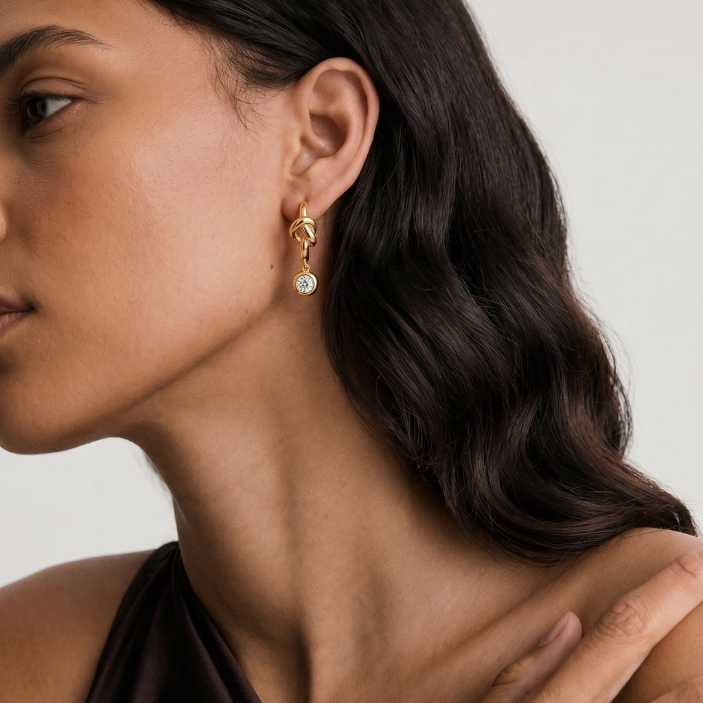 Knot Charm Bezel Drop Hoop Earrings