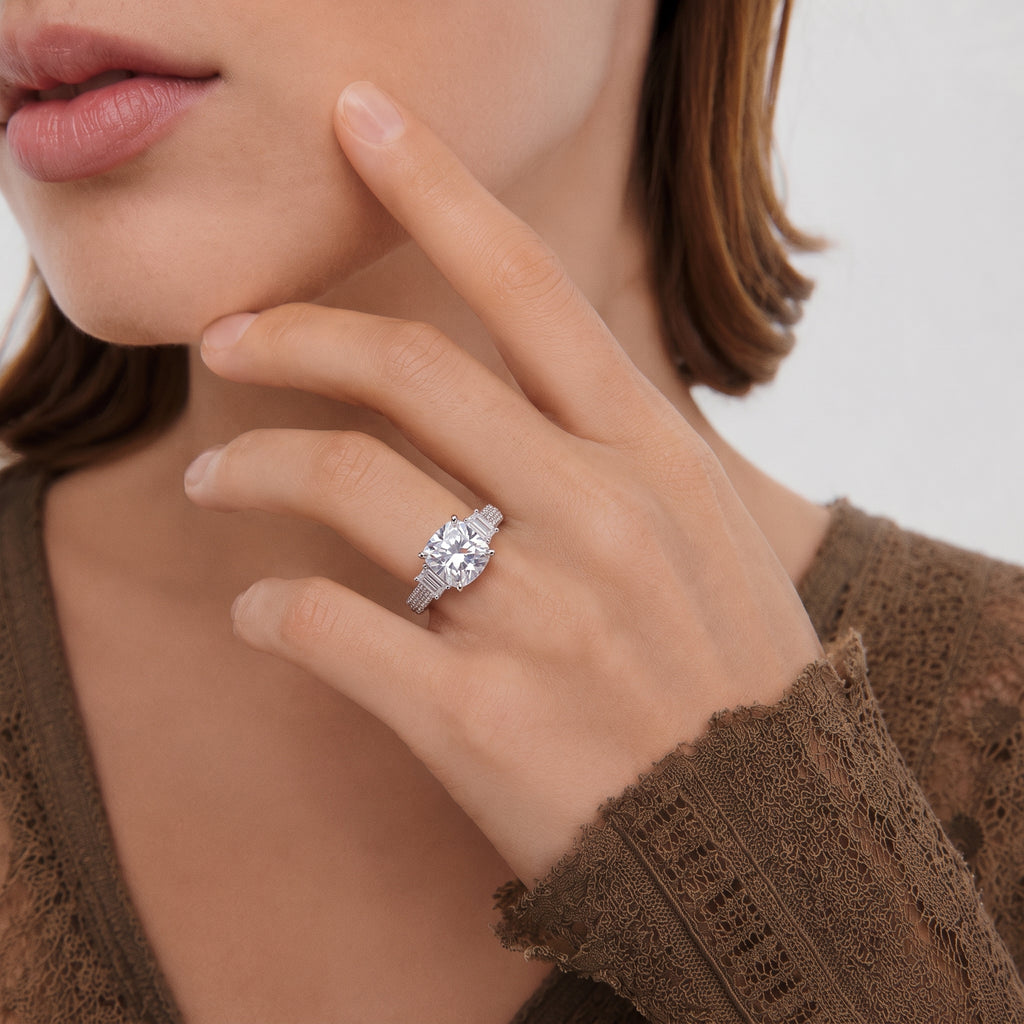 Cushion Moissanite Emerald Side Pavé Ring