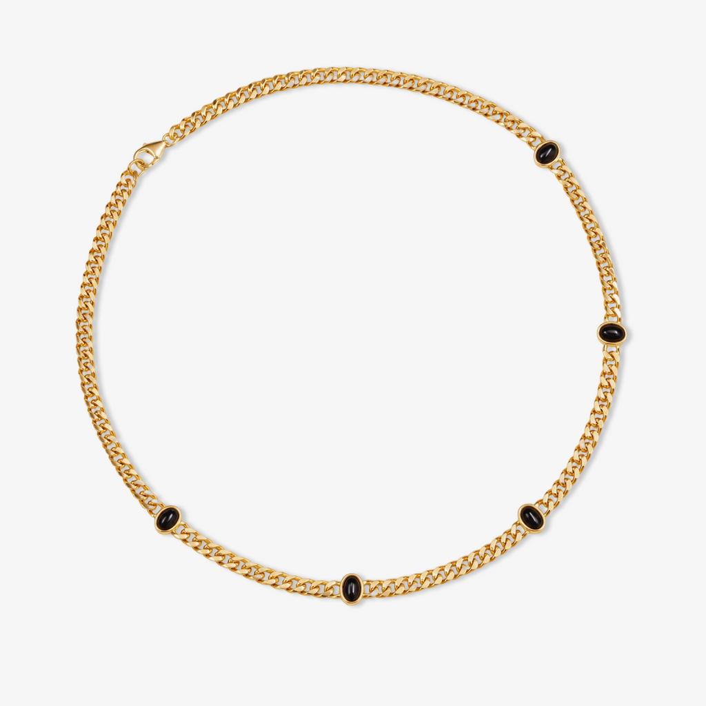 Black Onyx Cabochon Station Cuban Chain Necklace in Gold