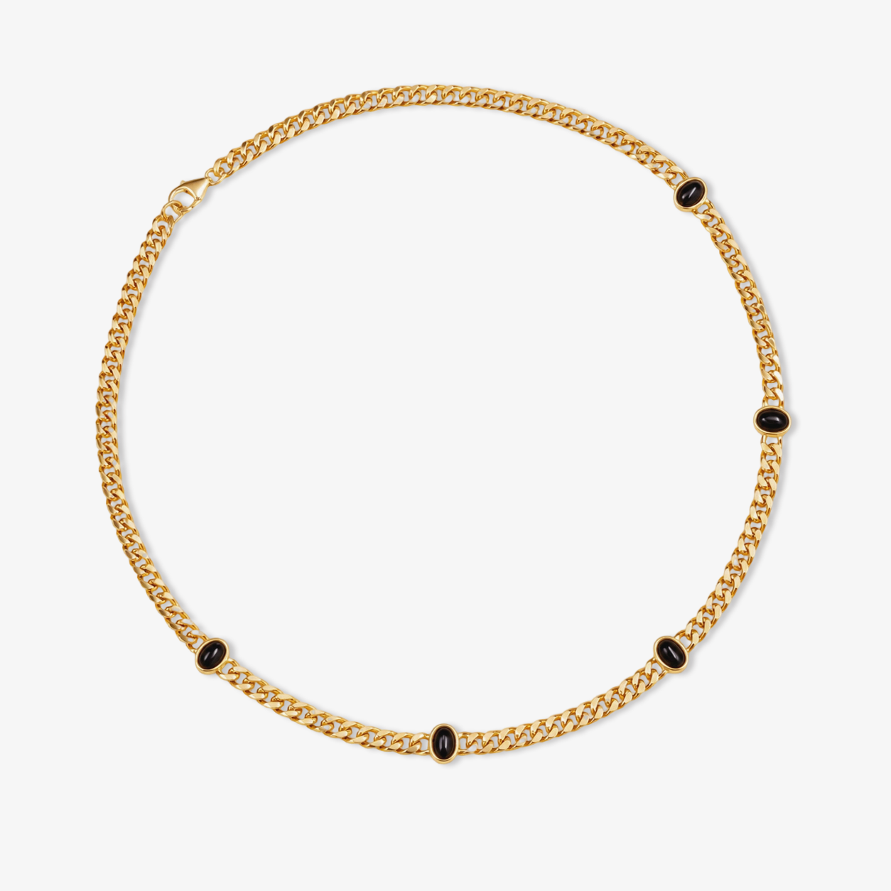 Black Onyx Cabochon Station Cuban Chain Necklace in Gold