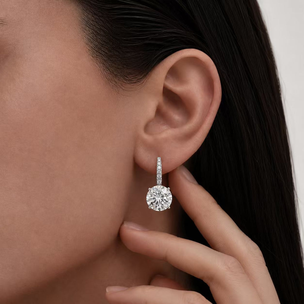 Round Moissanite Leverback Drop Earrings in White Gold