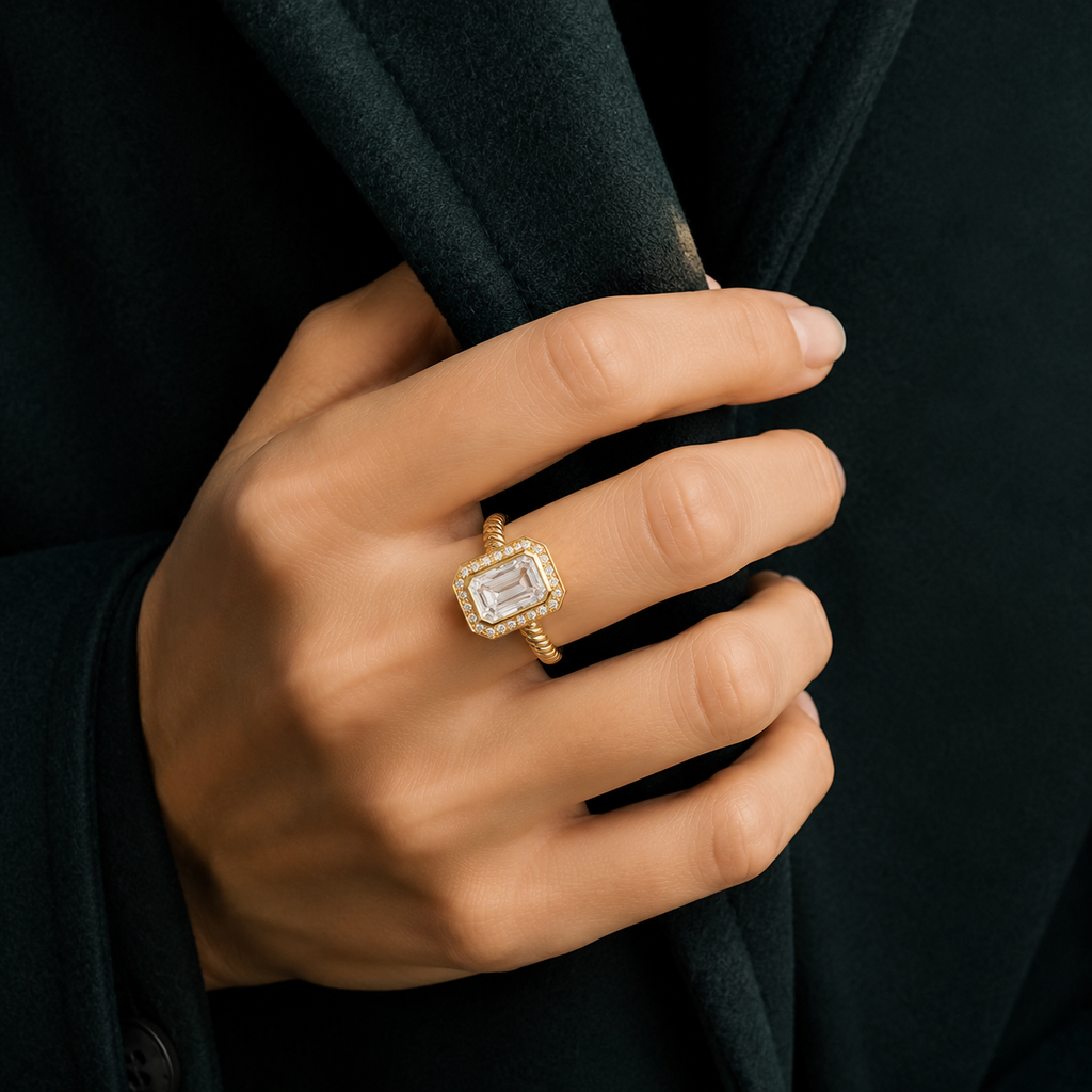 5ct Emerald Lab Diamond Halo Rope Ring