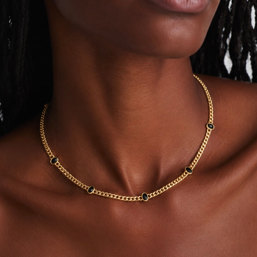 Black Onyx Cabochon Station Cuban Chain Necklace in Gold