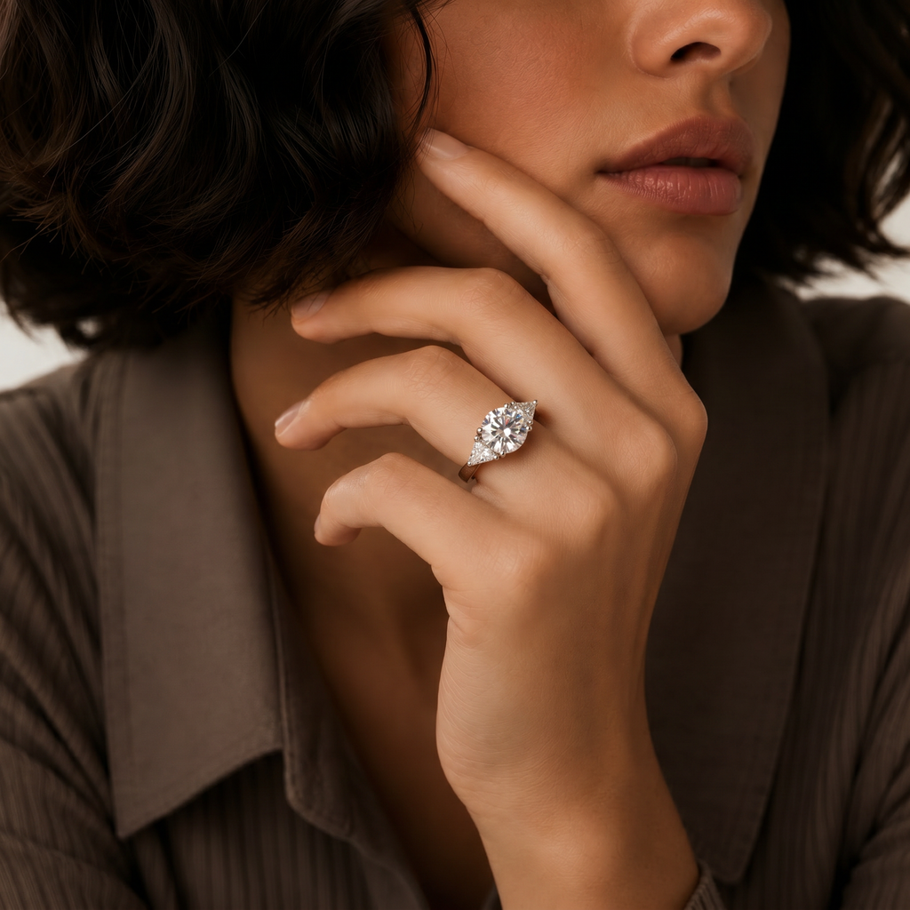 Cushion Moissanite Trillion Three Stone Ring