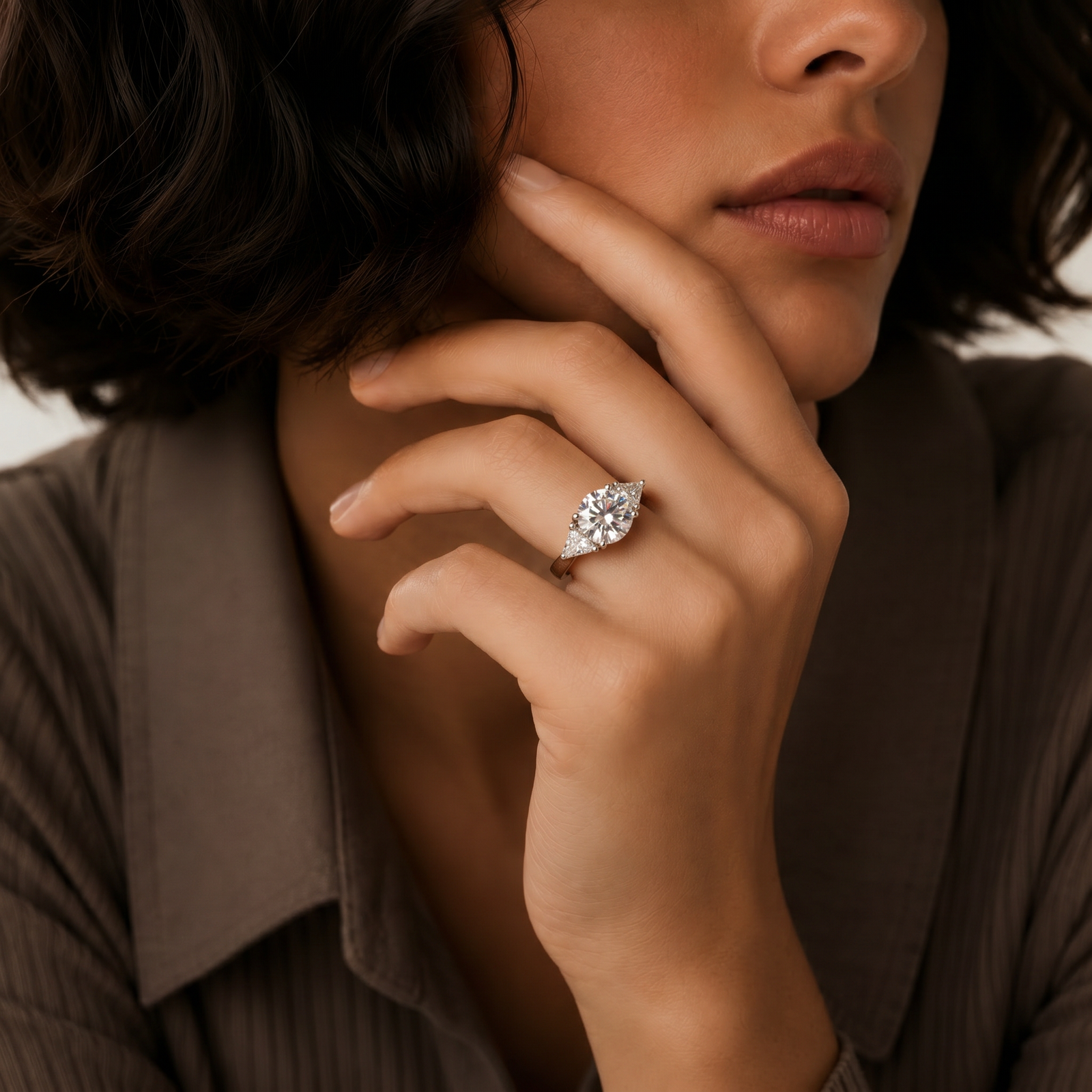 Round Moissanite Trillion Three Stone Ring