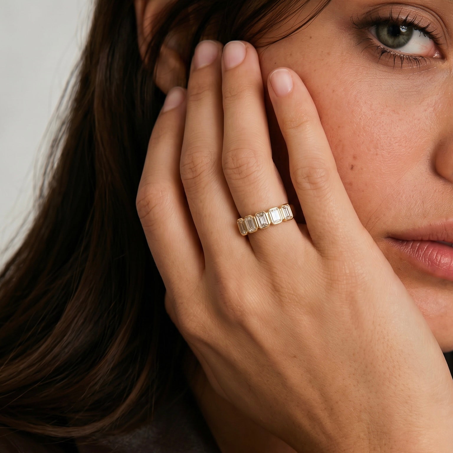 Emerald Moissanite Bezel Five Stone Band
