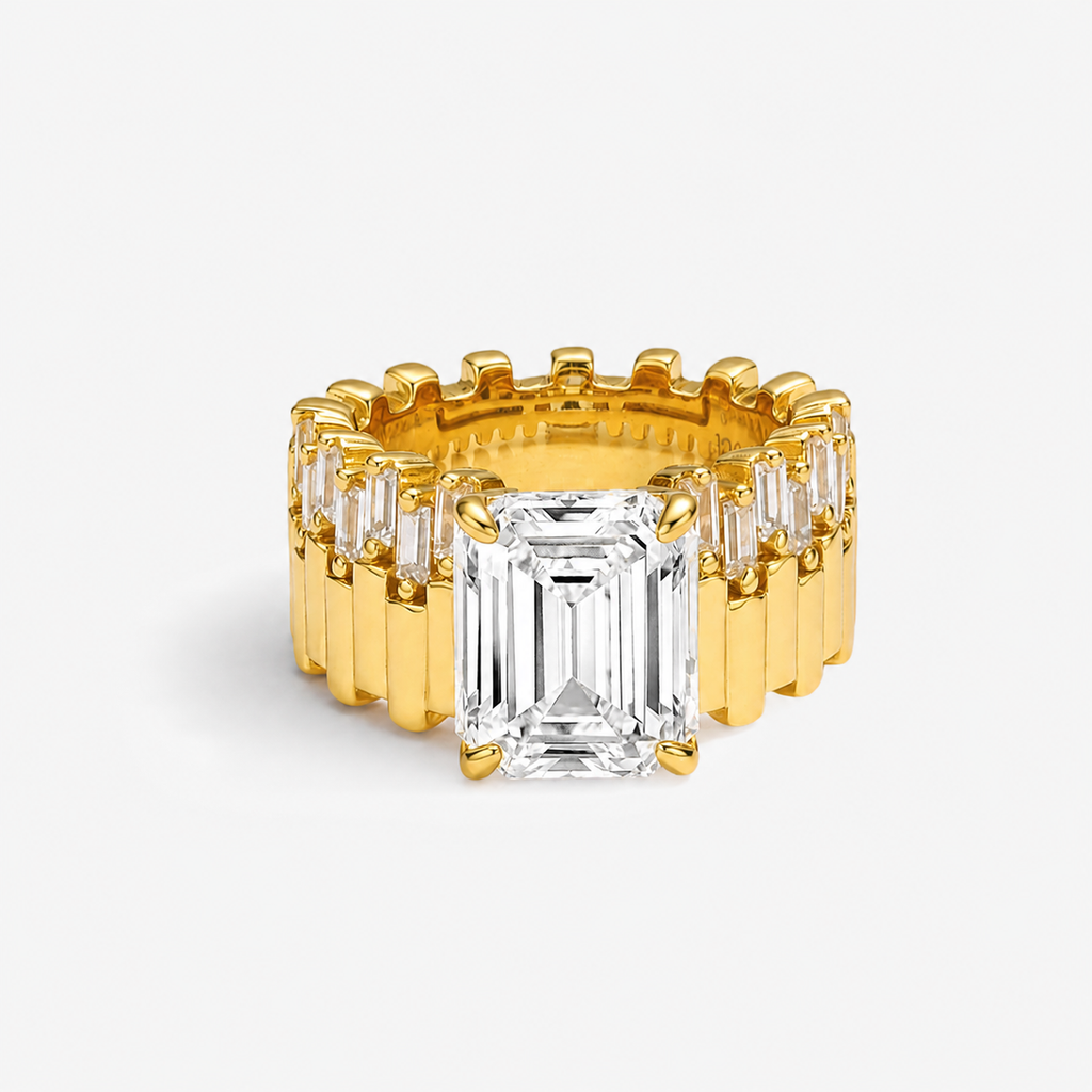 Gold Ribbed Wide Band Emerald Cut CZ Ring