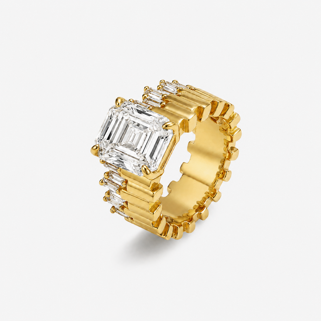 Gold Ribbed Wide Band Emerald Cut CZ Ring