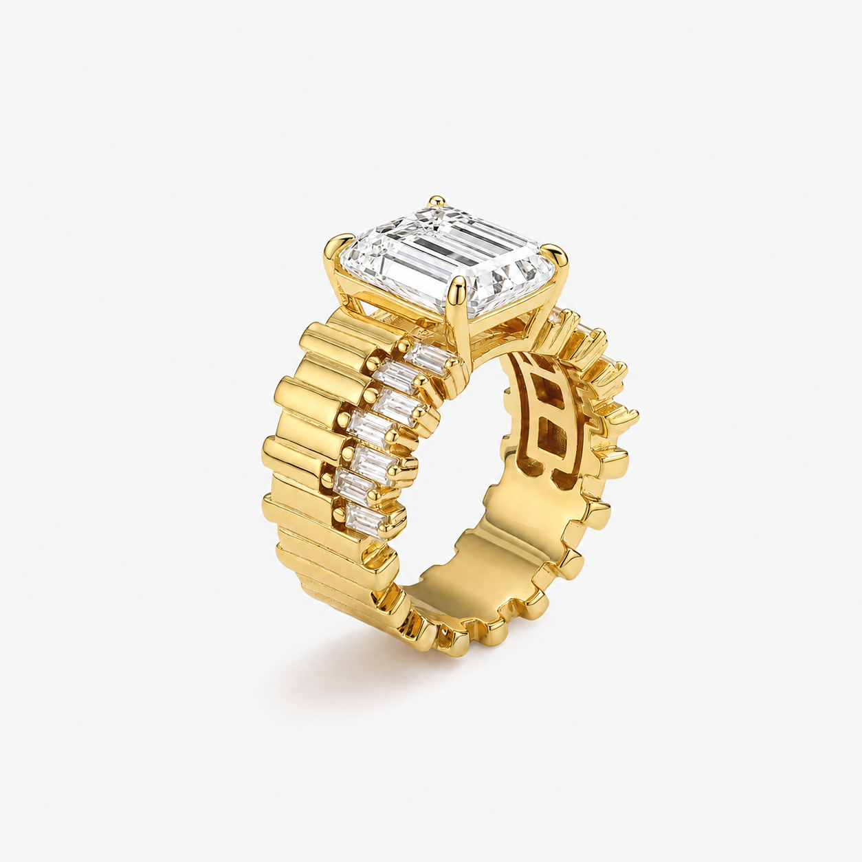 Gold Ribbed Wide Band Emerald Cut CZ Ring