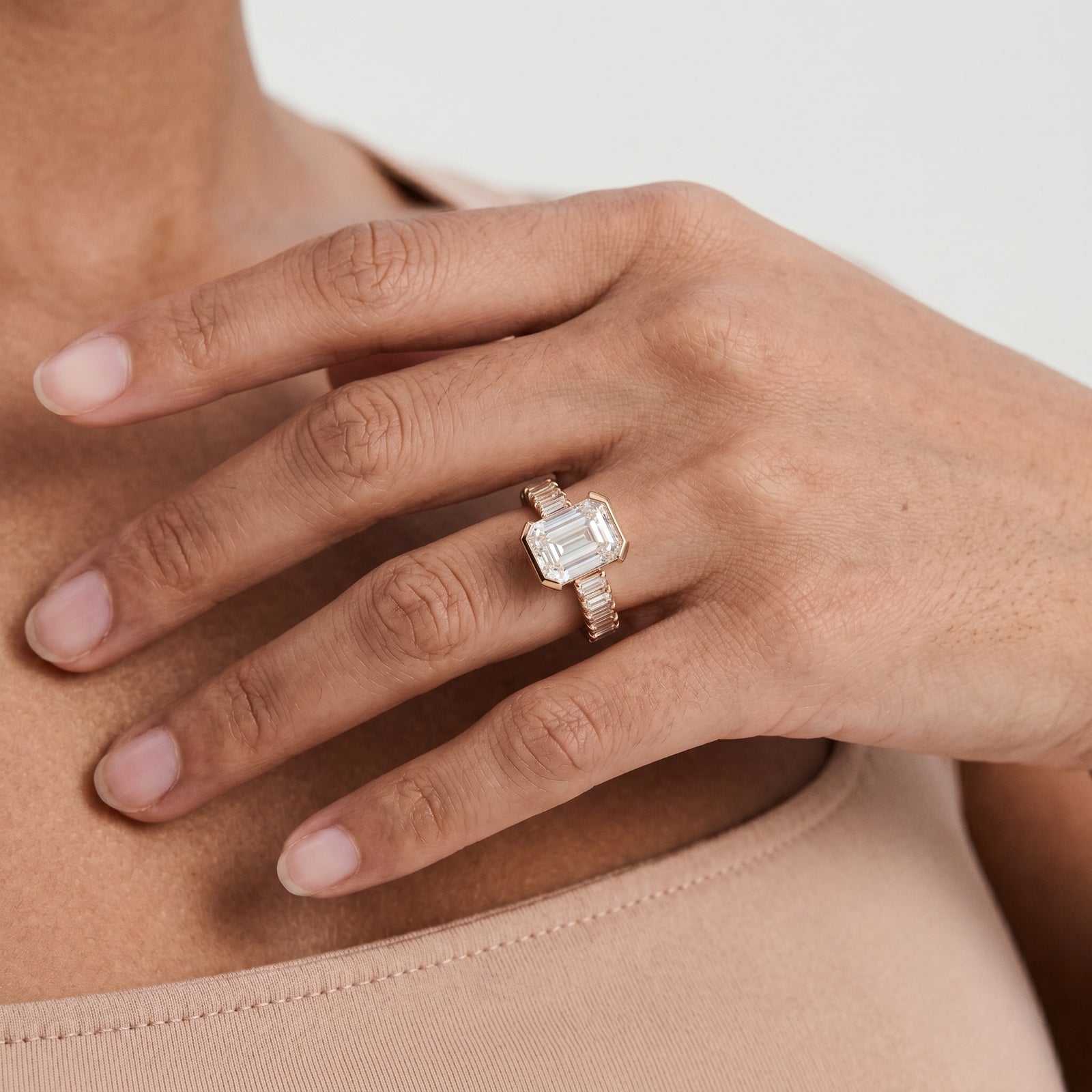 Bezel Emerald Cut Moissanite Band Ring