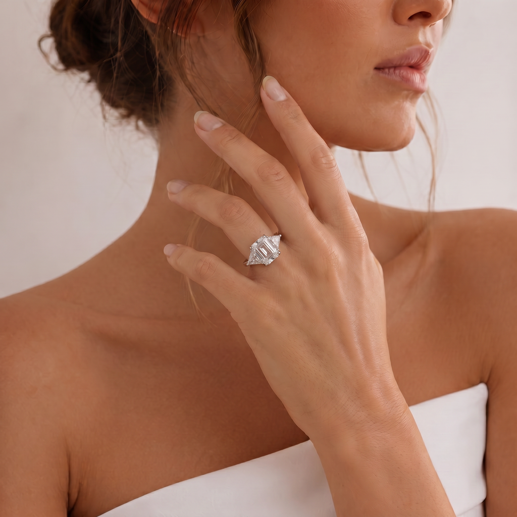 Emerald Moissanite Trillion Three Stone Ring