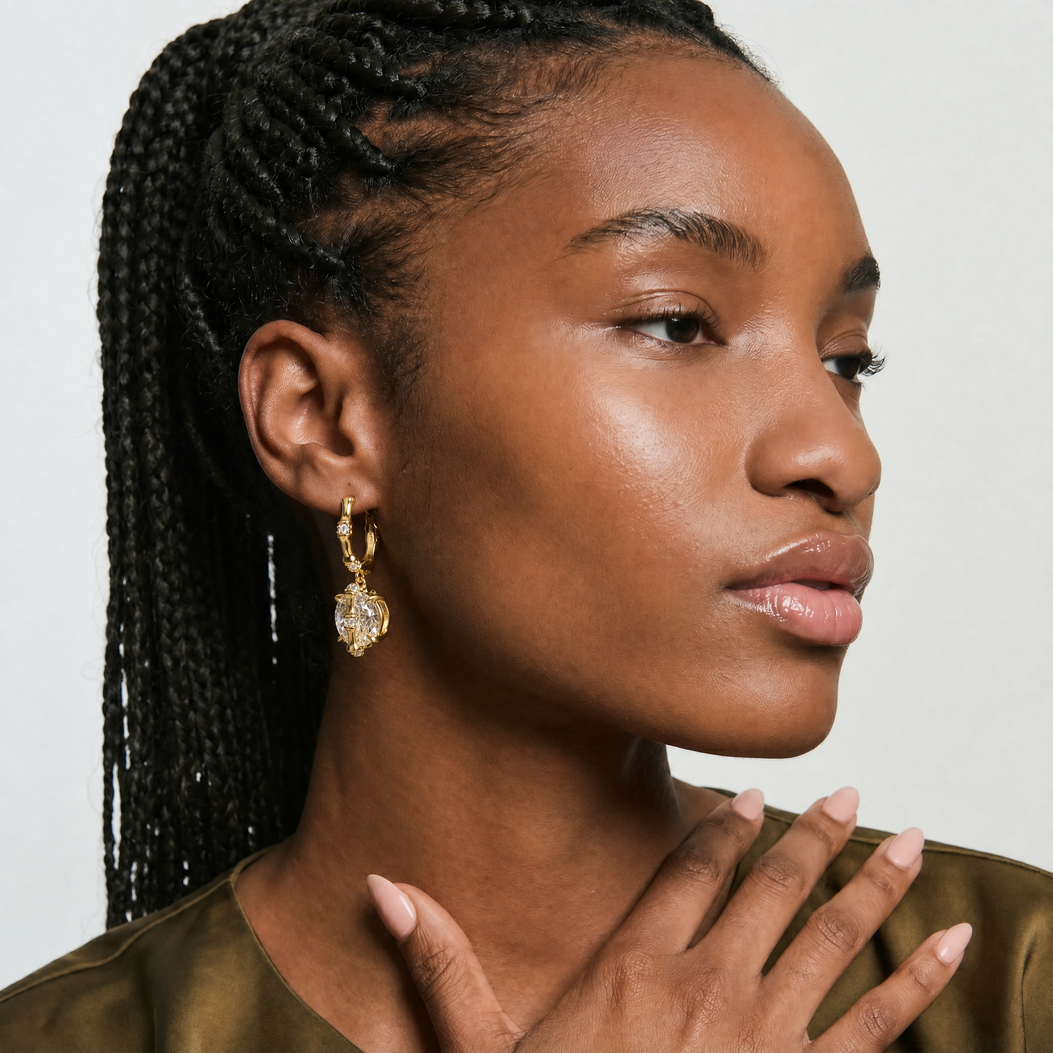 Round Moissanite Bamboo Hoop Drop Earrings