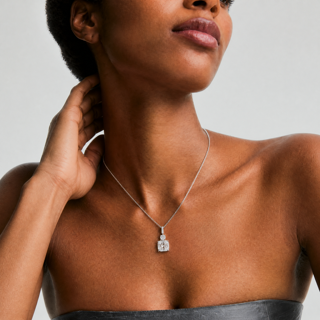 Asscher Cut Moissanite Drop Pendant Necklace in White Gold