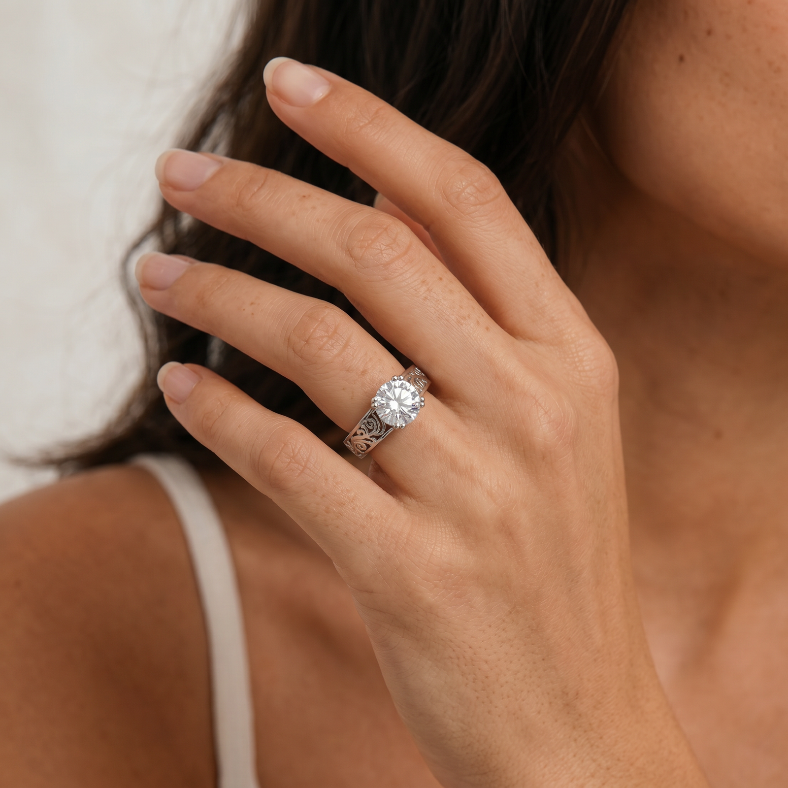 Round Moissanite Vintage Filigree Solitaire Ring