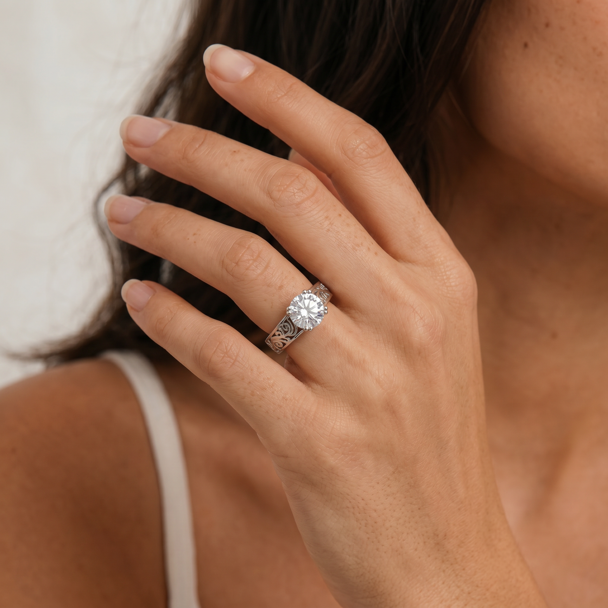 Round Moissanite Filigree Solitaire Ring