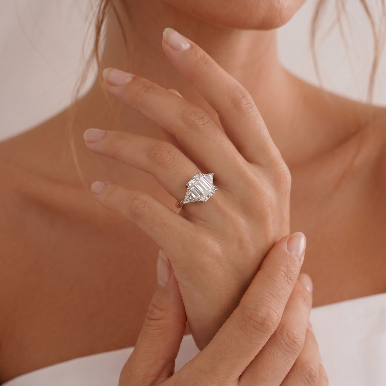 Emerald Moissanite Trillion Three Stone Ring