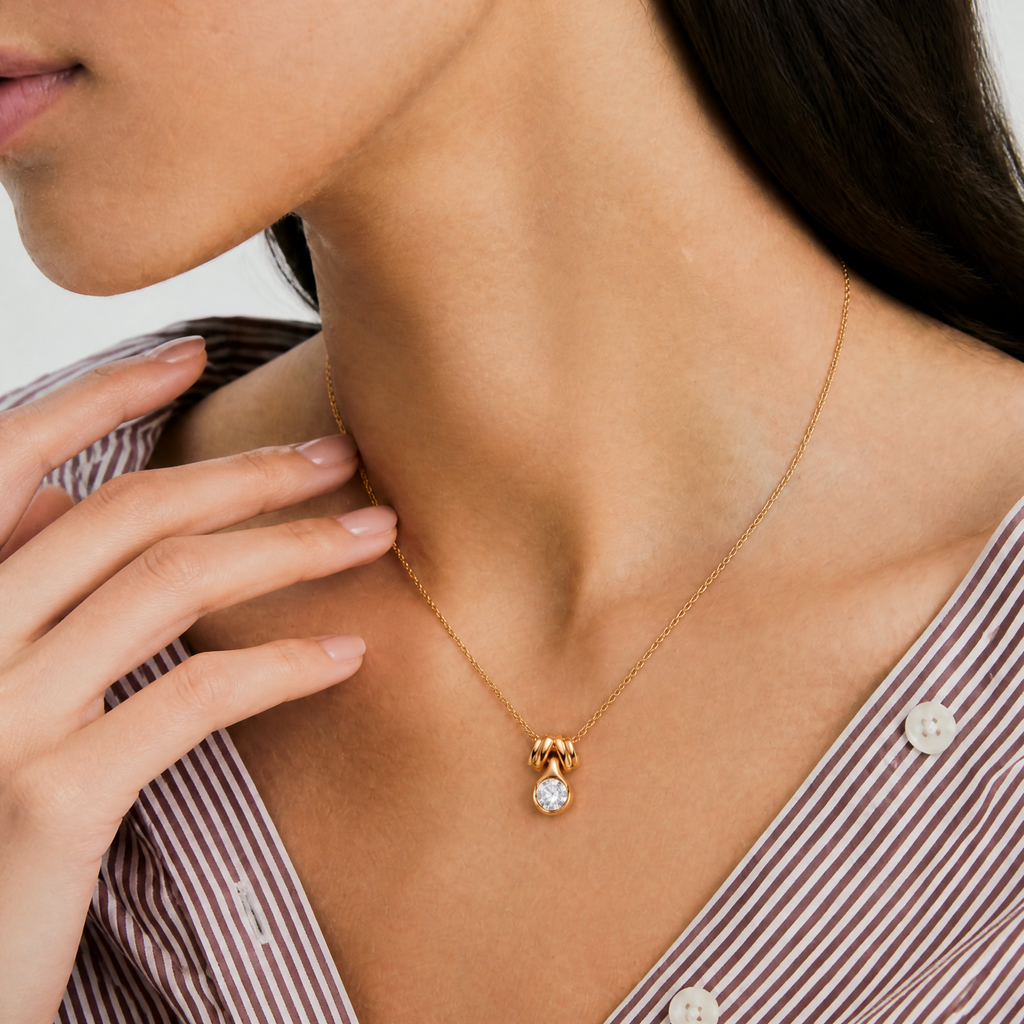Moissanite Bezel Knot Pendant Necklace in Rose Gold