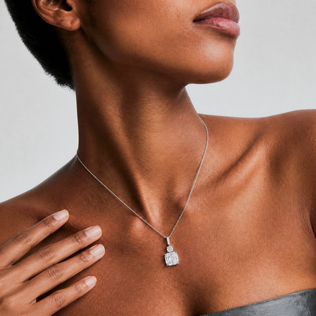 Asscher Cut Moissanite Drop Pendant Necklace in White Gold