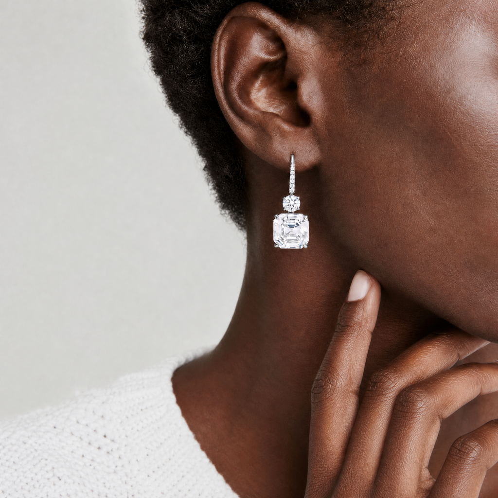 Asscher Cut Moissanite Drop Earrings in White Gold