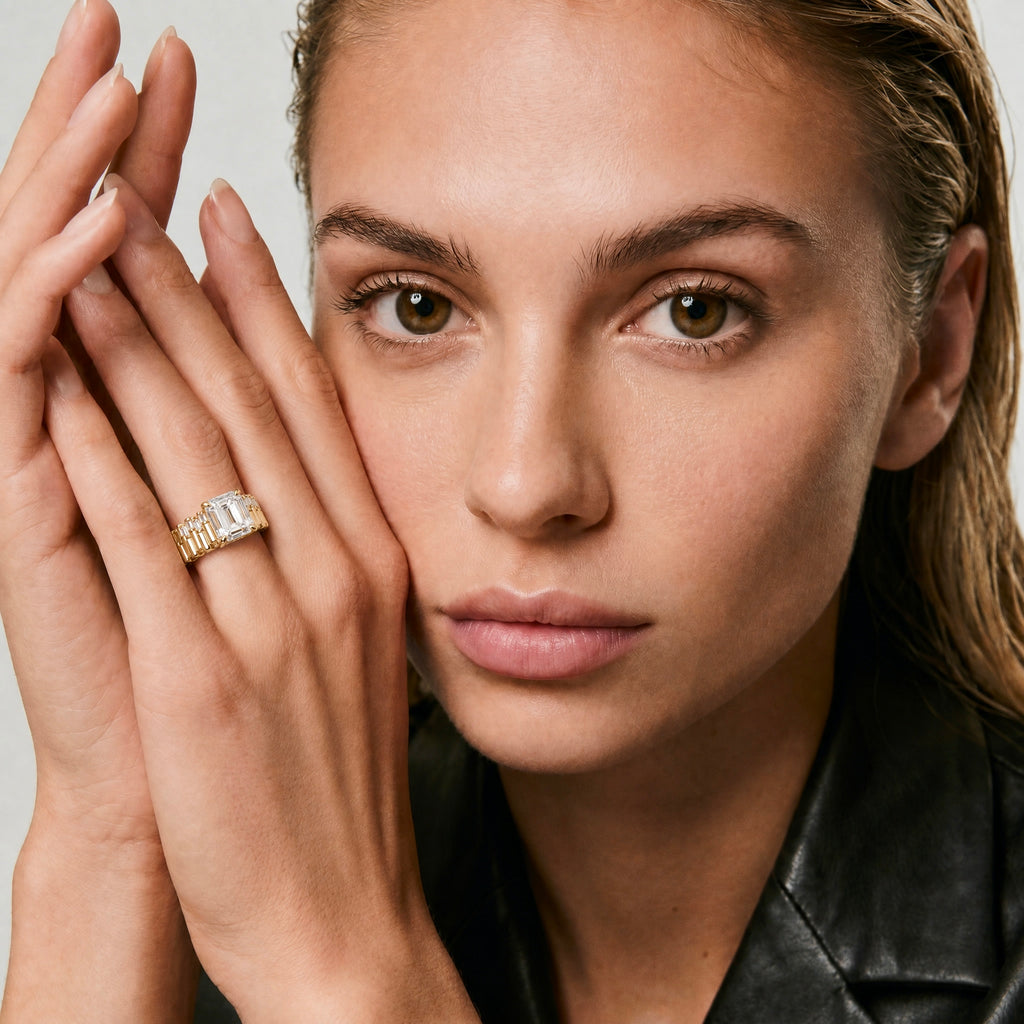 Gold Ribbed Wide Band Emerald Cut CZ Ring