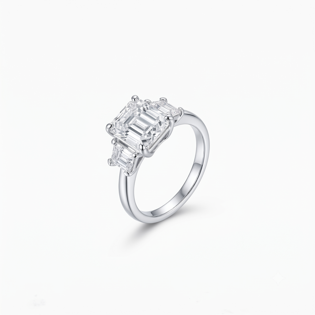 Emerald Moissanite Three Stone Step Ring
