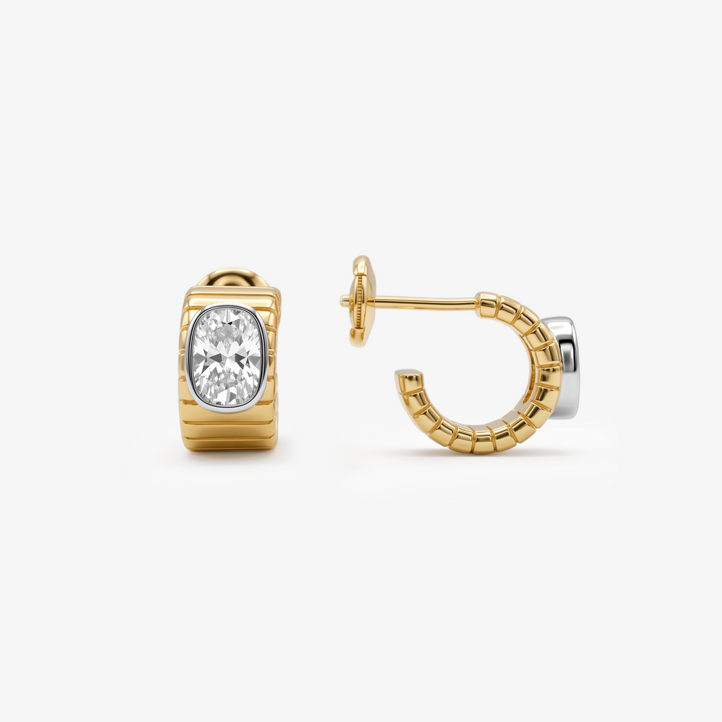 Ribbed Wide Huggie Oval Bezel Earrings