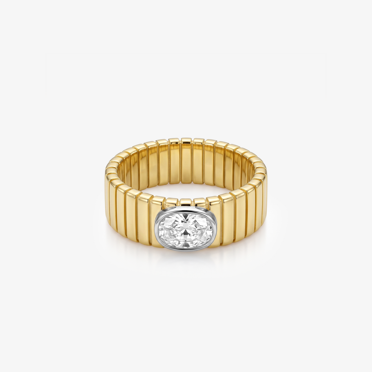 Ribbed Wide Band Oval Bezel Solitaire Ring