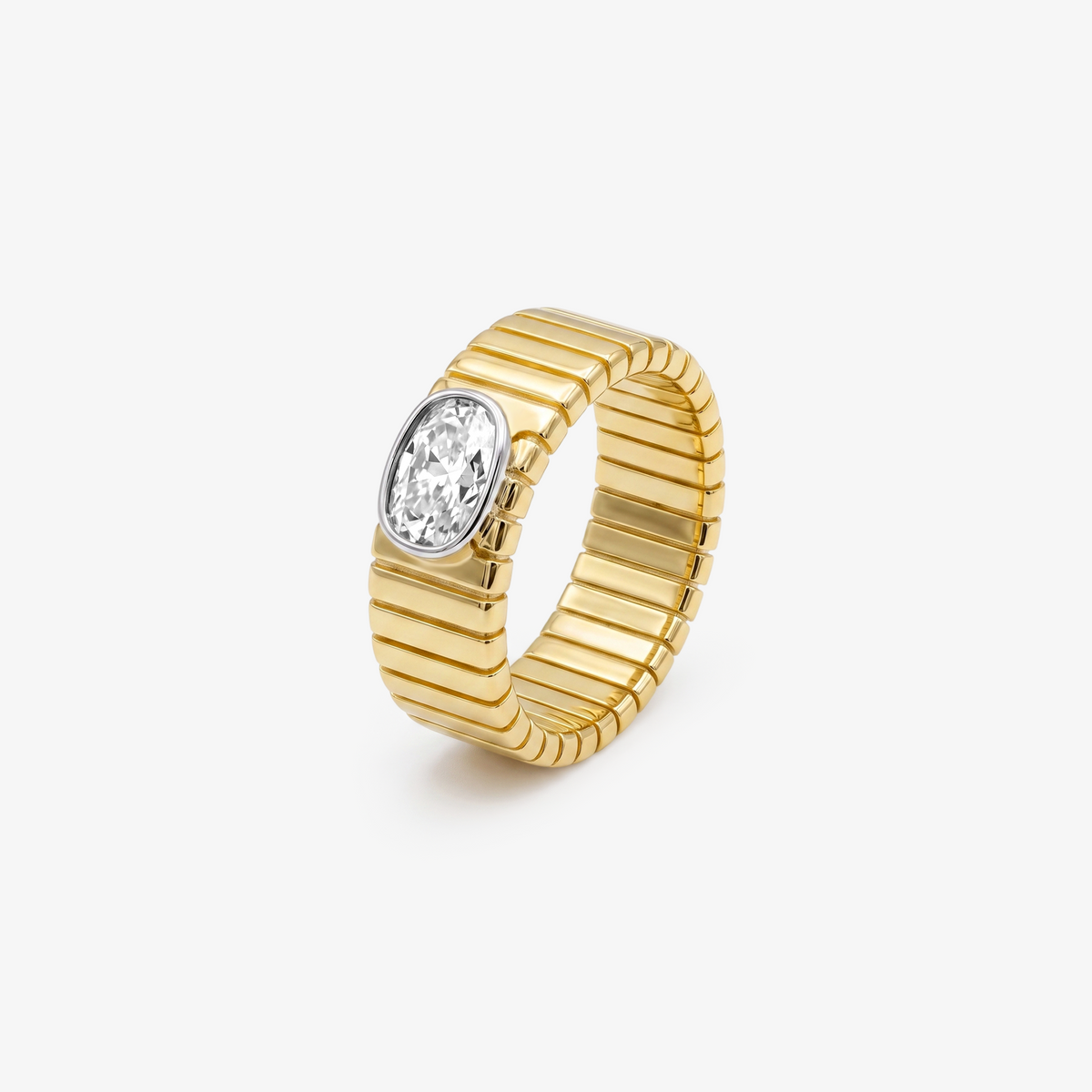 Ribbed Wide Band Oval Bezel Solitaire Ring