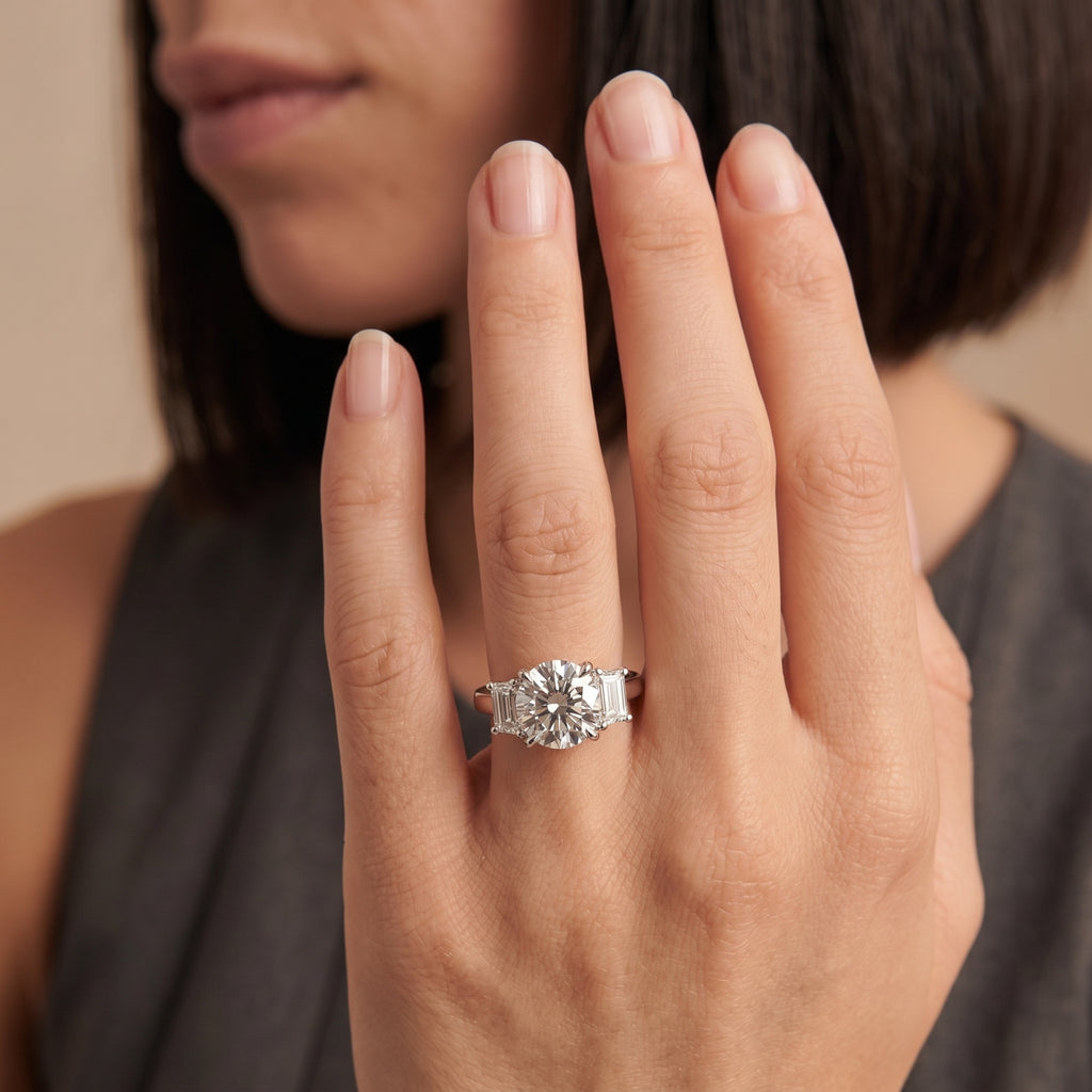 Round Moissanite Baguette Three Stone Ring