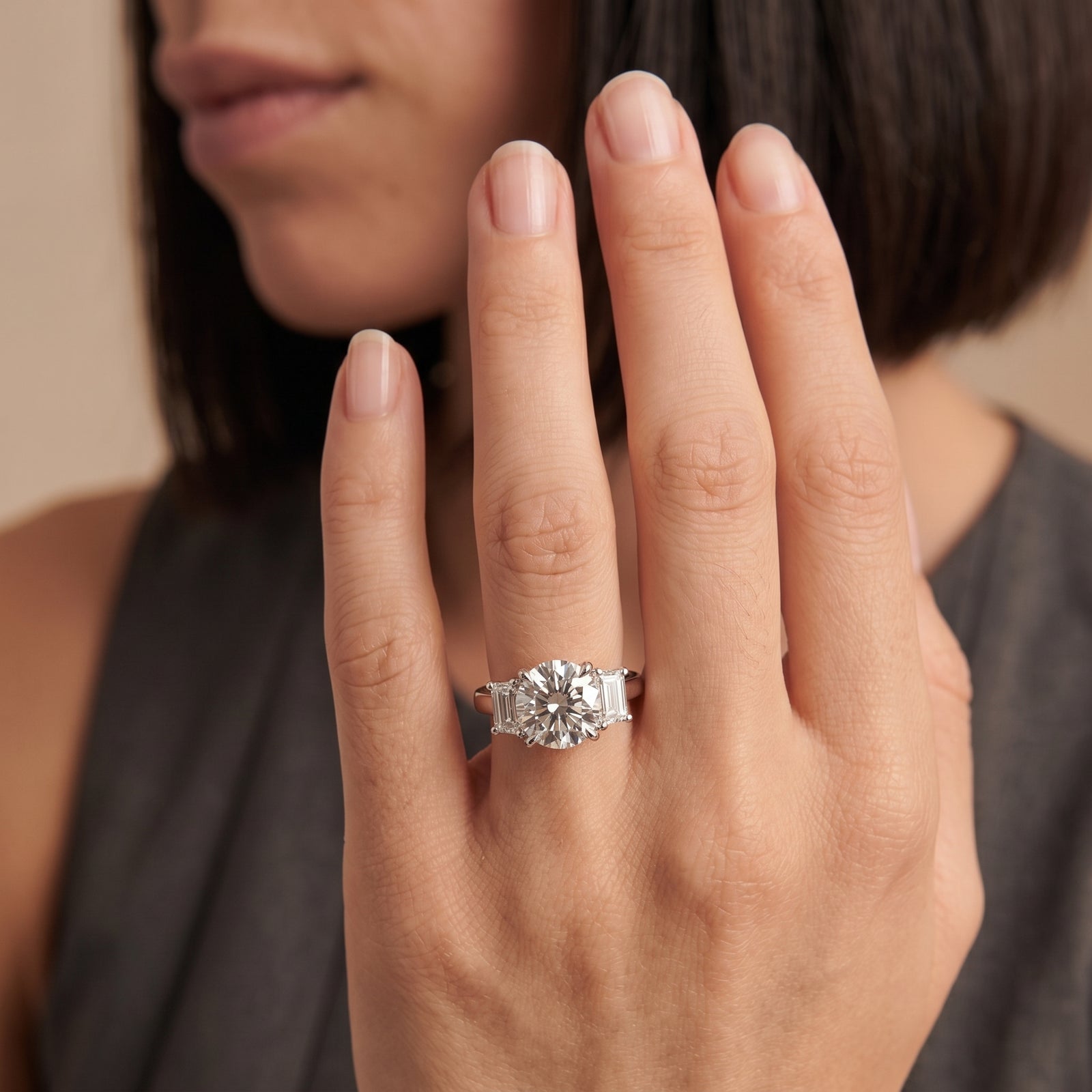 Round Moissanite Baguette Three Stone Ring