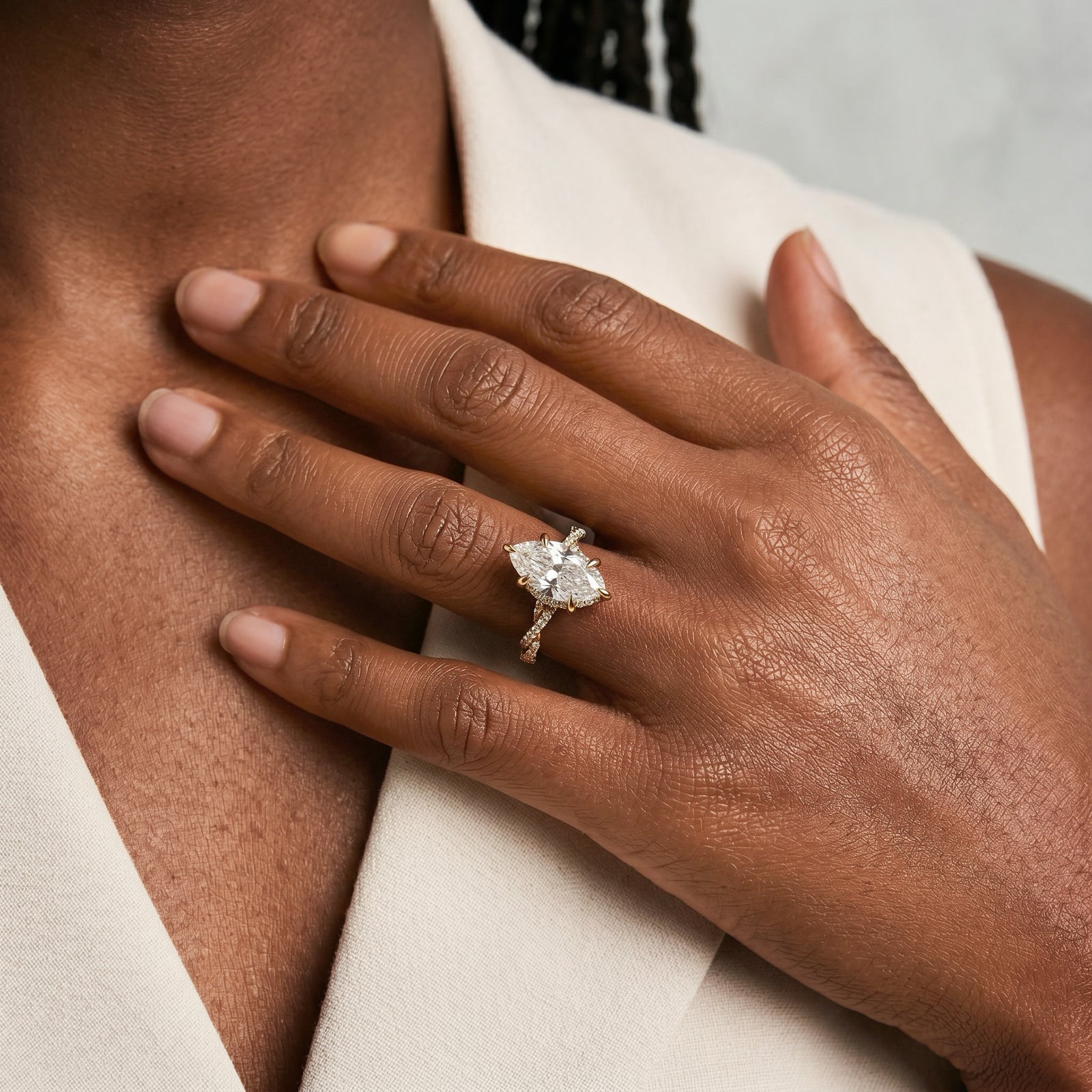 Marquise Moissanite Halo Twisted Band Ring