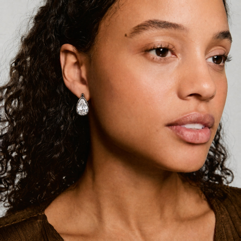 Pear Cut Moissanite Clip-On Earrings in Black Gold