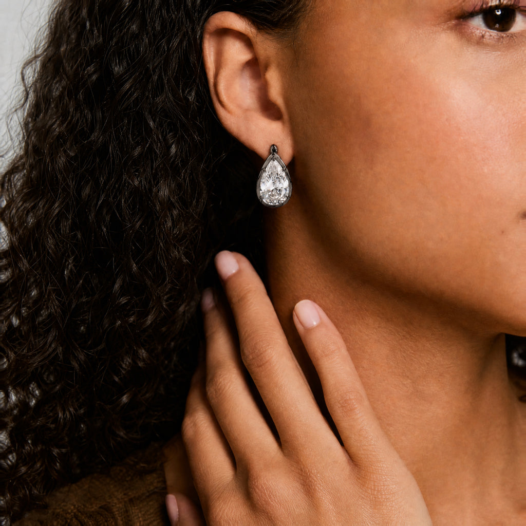 Pear Cut Moissanite Clip-On Earrings in Black Gold