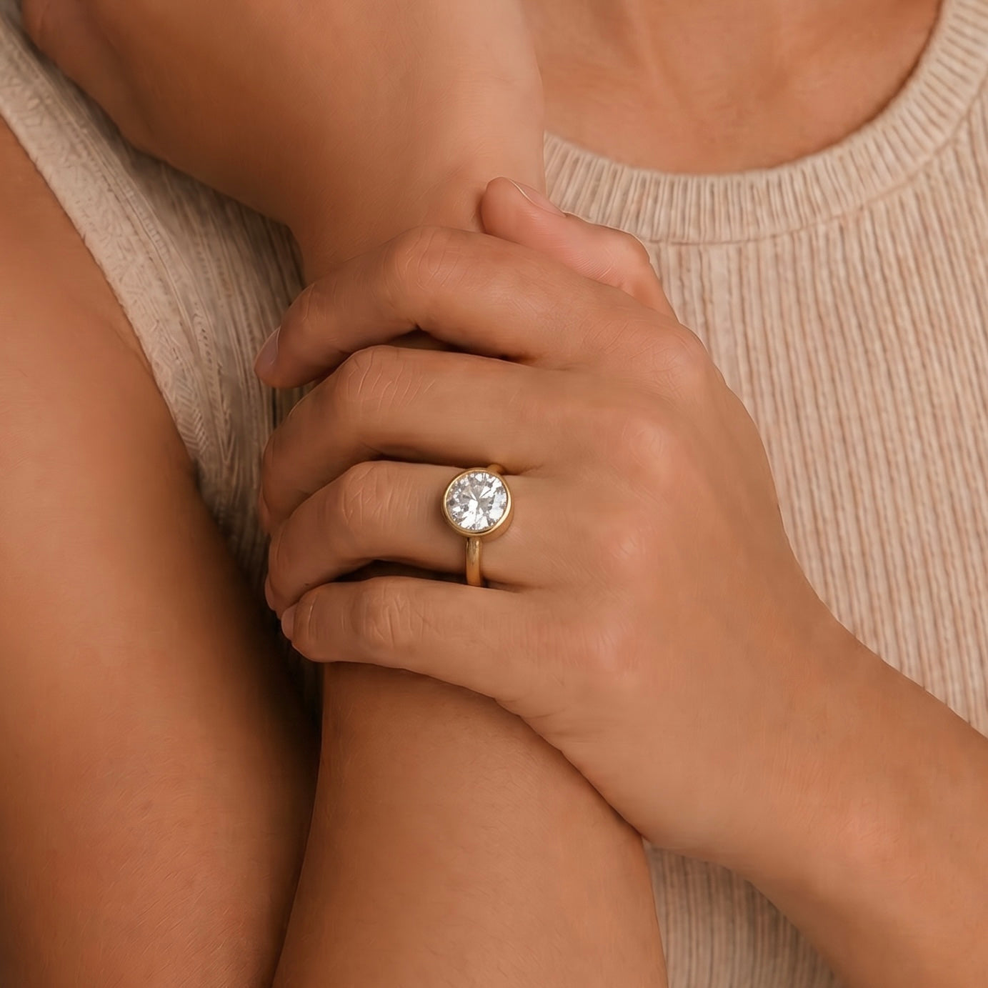 Round Moissanite Bezel Solitaire Gold Ring