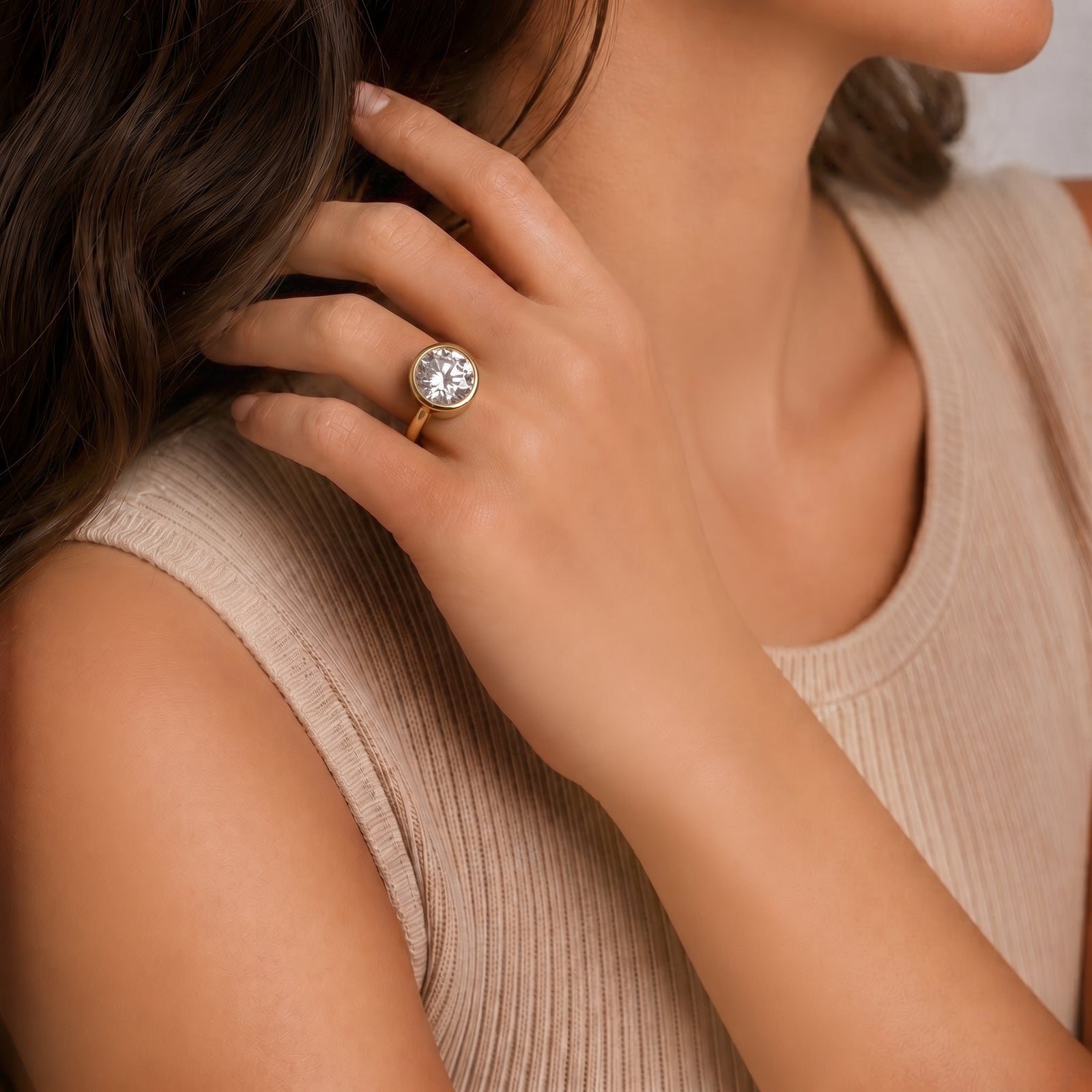 Round Moissanite Bezel Solitaire Gold Ring