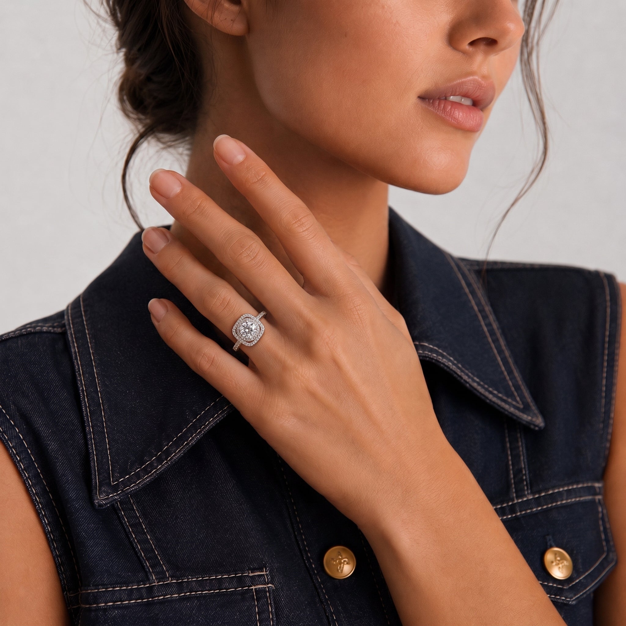 Round Moissanite Double Cushion Halo Ring