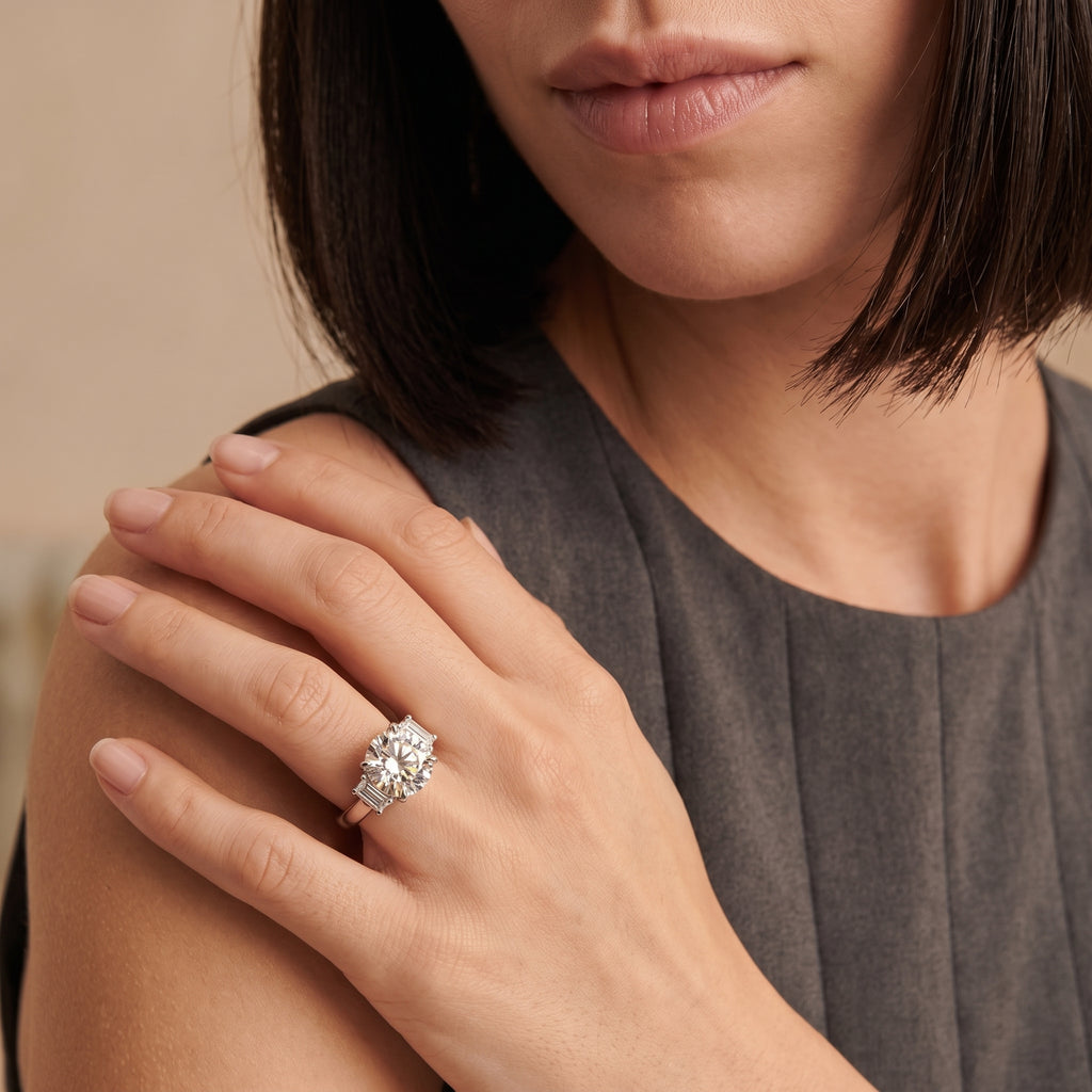 Round Moissanite Baguette Three Stone Ring