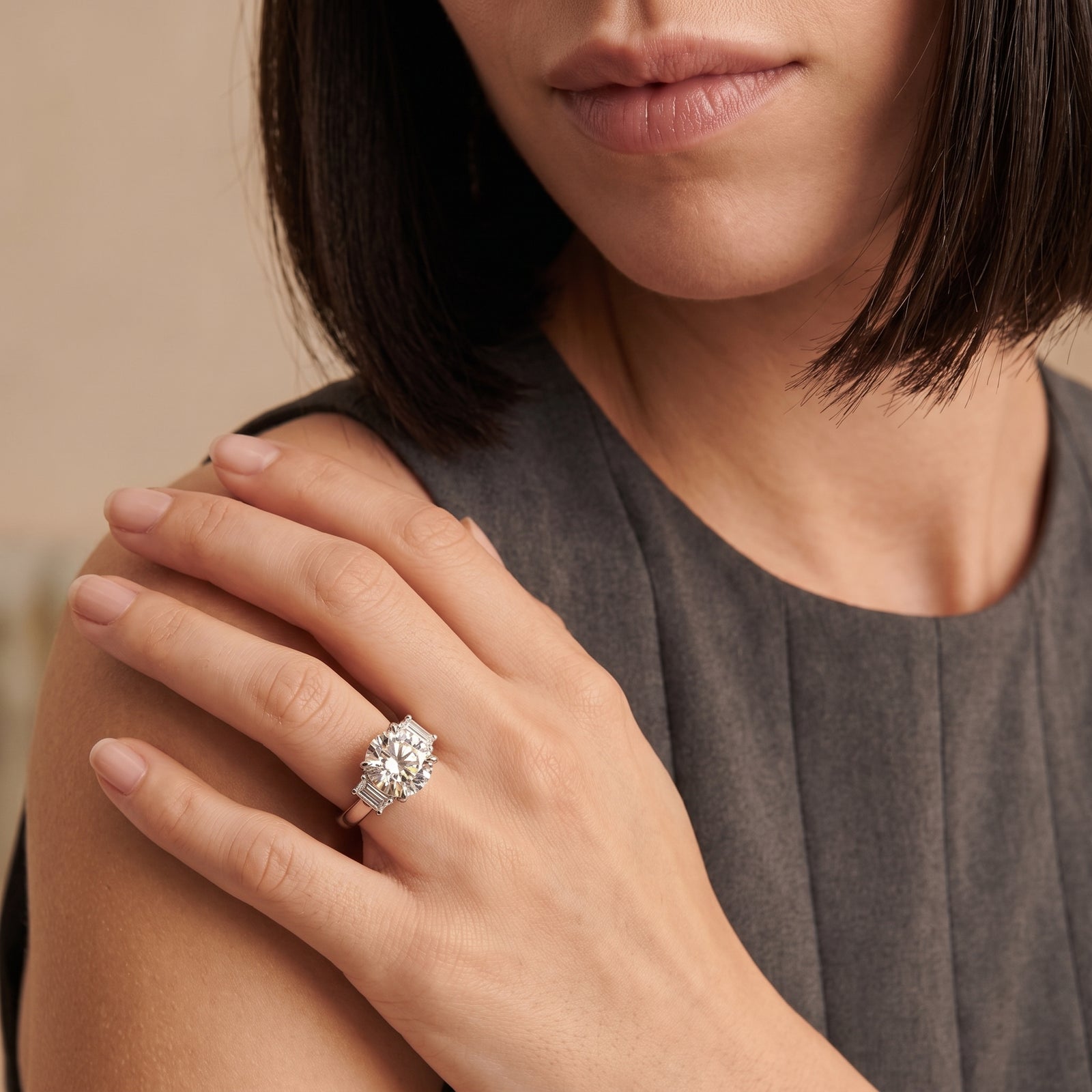Round Moissanite Baguette Three Stone Ring