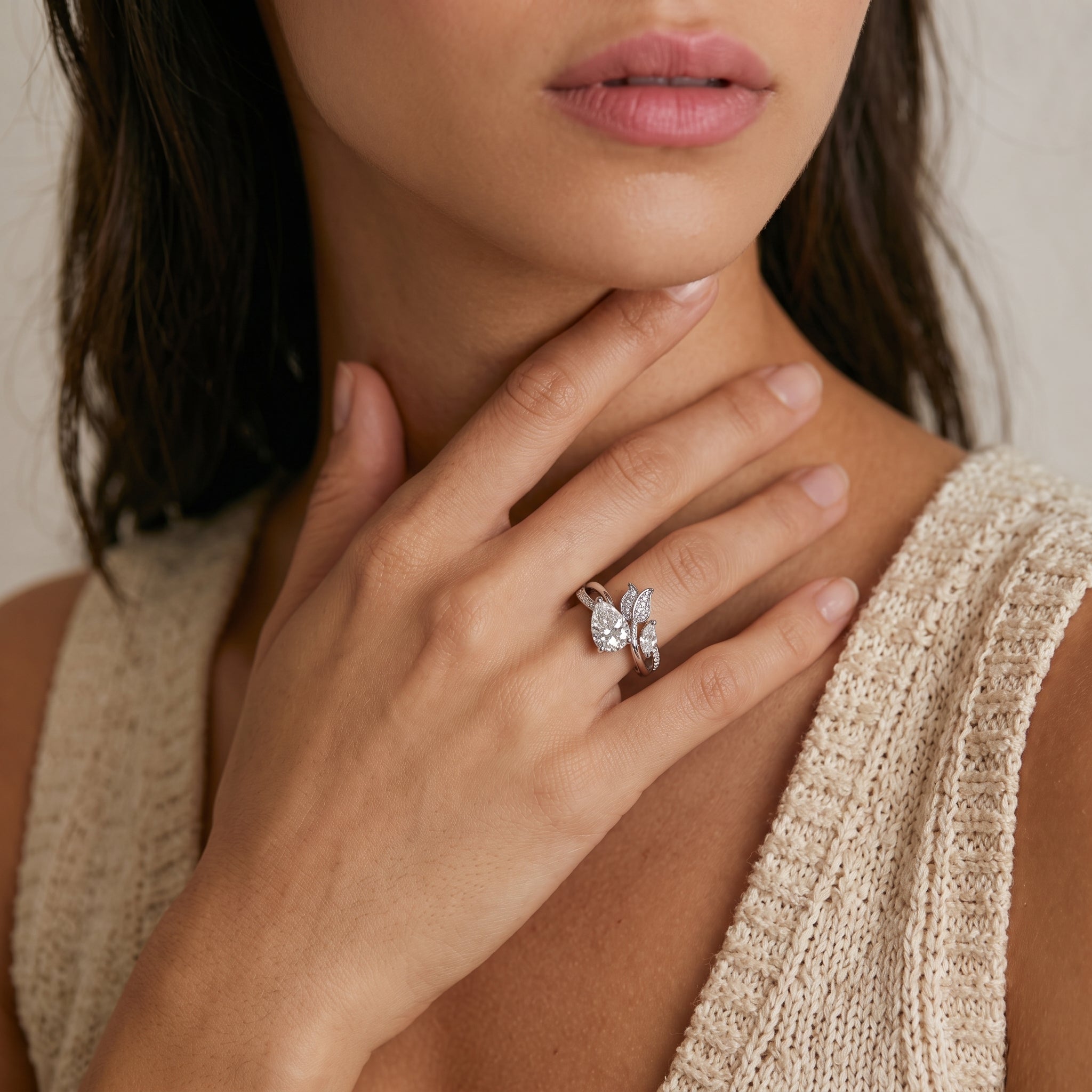 Pear Moissanite Butterfly Wing Pavé Ring